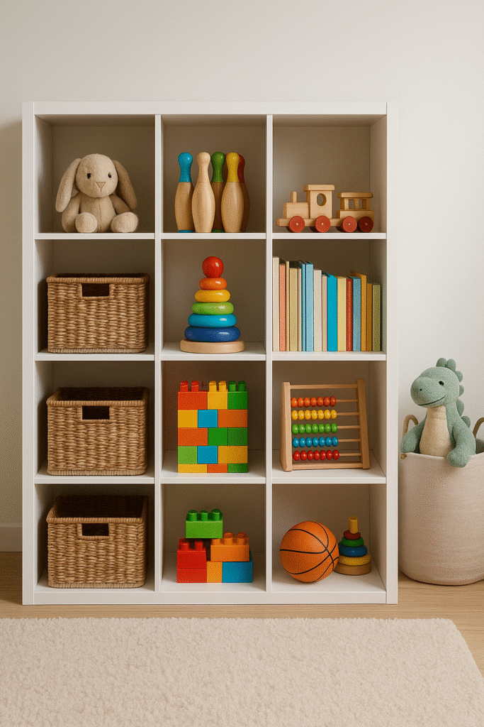 Prateleira infantil branca com nove nichos contendo brinquedos de madeira, livros coloridos, cestos de vime, blocos de montar e um ábaco, ao lado de um cesto com um dinossauro de pelúcia, em um ambiente claro e organizado.