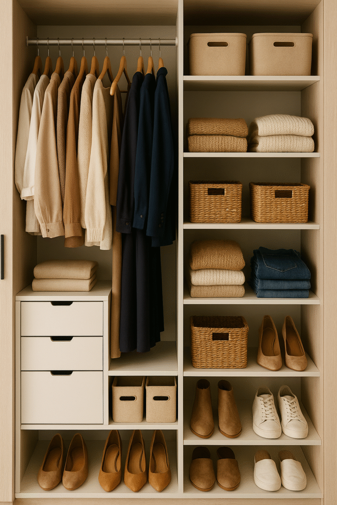 Guarda-roupa aberto com estrutura de madeira clara, roupas penduradas organizadas por cor, caixas e cestos organizadores em prateleiras, sapatos alinhados na base e dobrados de maneira funcional, transmitindo organização e estética clean.