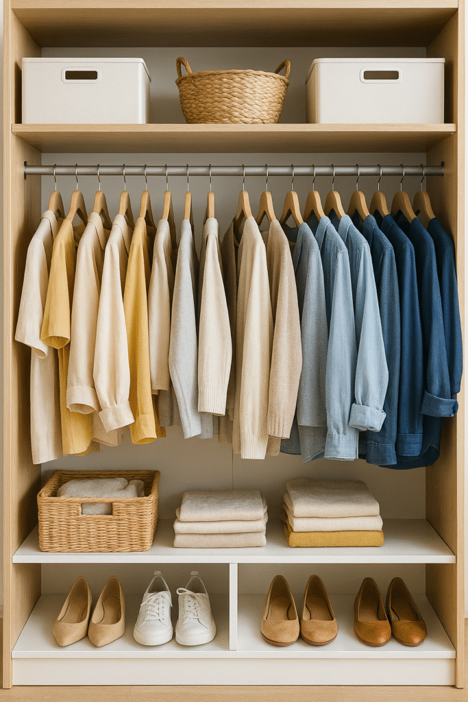Armário planejado com roupas penduradas em degrade de cores claras a escuras, prateleiras com cestos e caixas organizadoras, sapatos e roupas dobradas organizadas com estética minimalista e funcional.