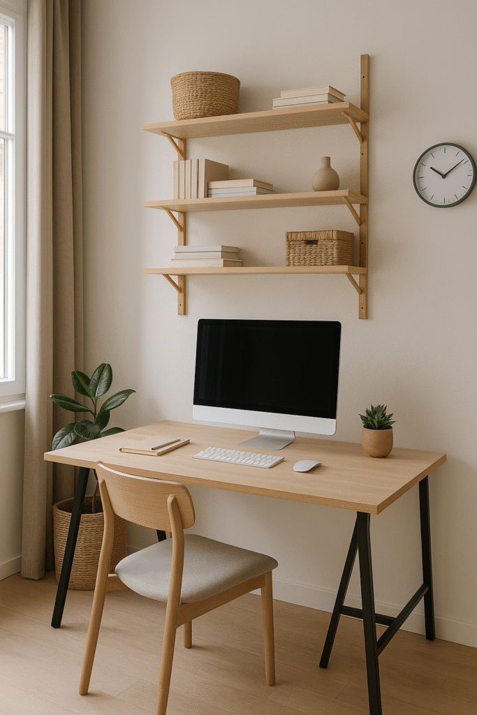 Home office minimalista com mesa de madeira clara, prateleiras com livros e cestos, cadeira ergonômica, computador de tela grande e planta ao lado, iluminado por luz natural de uma janela ampla.