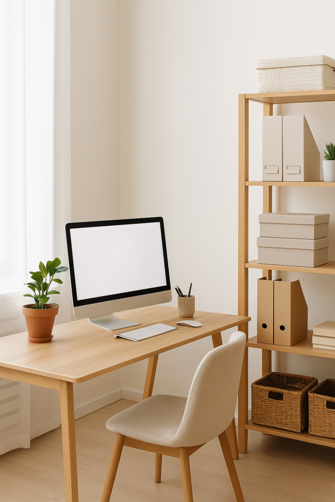 Home office iluminado com mesa de madeira clara, monitor sobre a bancada, planta em vaso de barro e estante lateral com caixas organizadoras e pastas, em ambiente sereno com cortinas brancas.