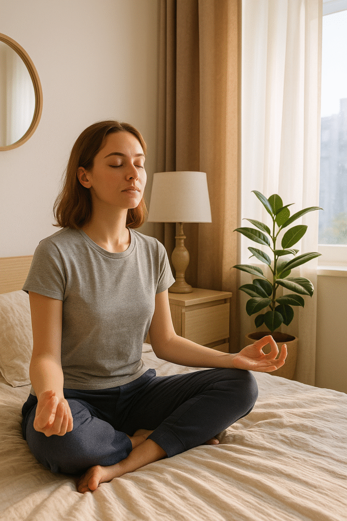 Mulher jovem sentada na cama em posição de meditação, com olhos fechados, vestindo camiseta cinza e calça azul escura, em quarto iluminado por luz natural, com planta, espelho redondo e criado-mudo ao fundo
