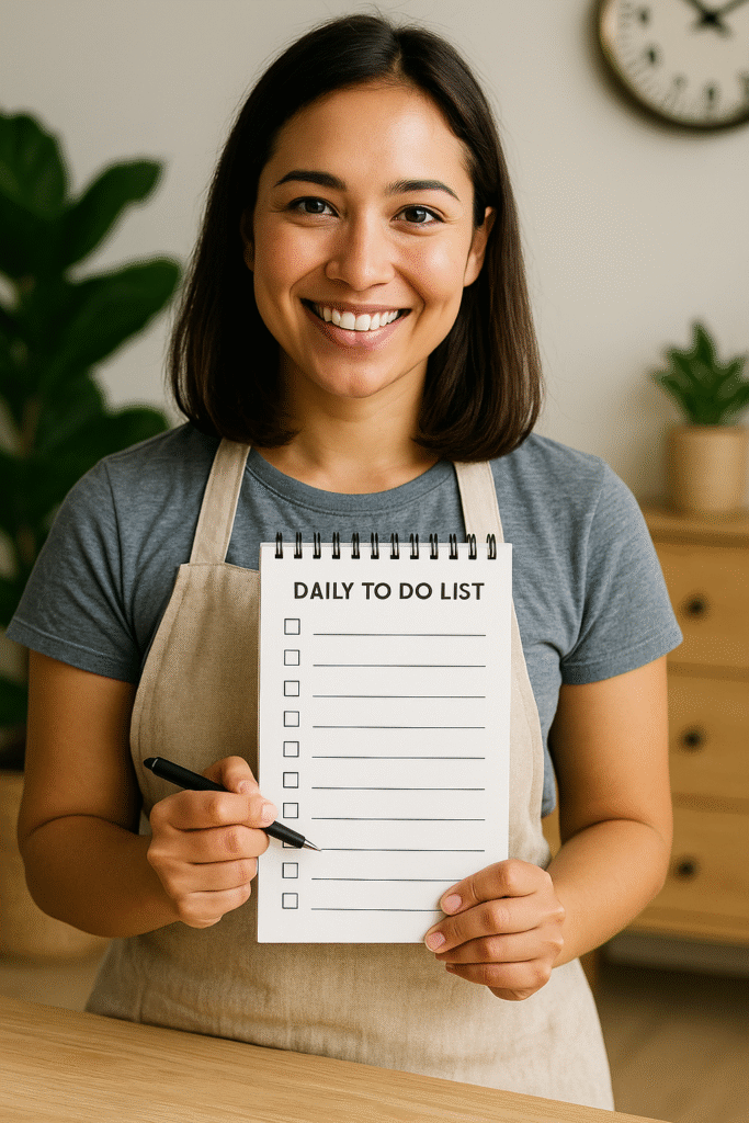 Mulher sorridente segurando um caderno com "DAILY TO DO LIST", usando camiseta cinza e avental bege, com planta e cômoda ao fundo em ambiente claro e aconchegante.