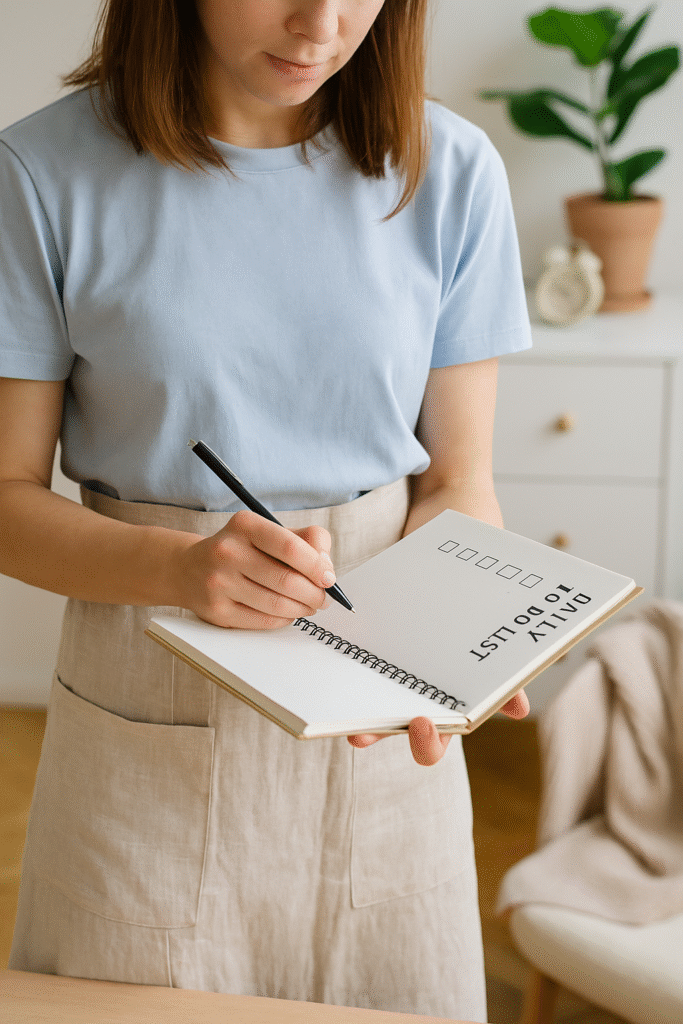 Mulher segurando um caderno com a lista "DAILY TO DO LIST" enquanto escreve com caneta preta, vestindo camiseta azul e avental bege, em ambiente iluminado com planta, relógio e cômoda ao fundo.