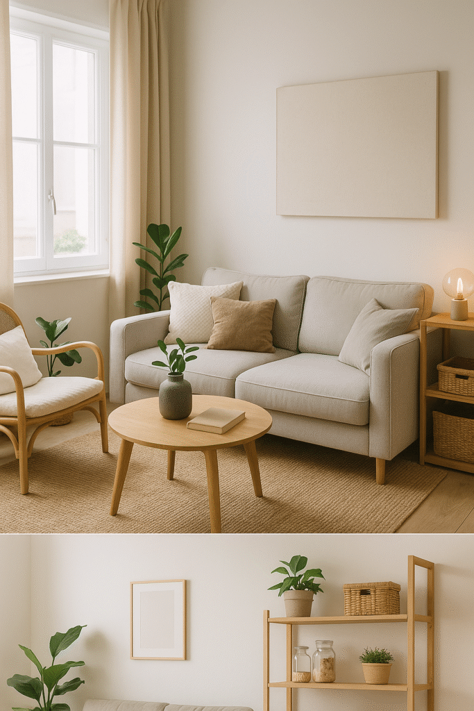 Sala de estar pequena com sofá cinza, mesa de centro de madeira clara, prateleiras brancas e plantas, decorada em tons neutros e iluminação natural.