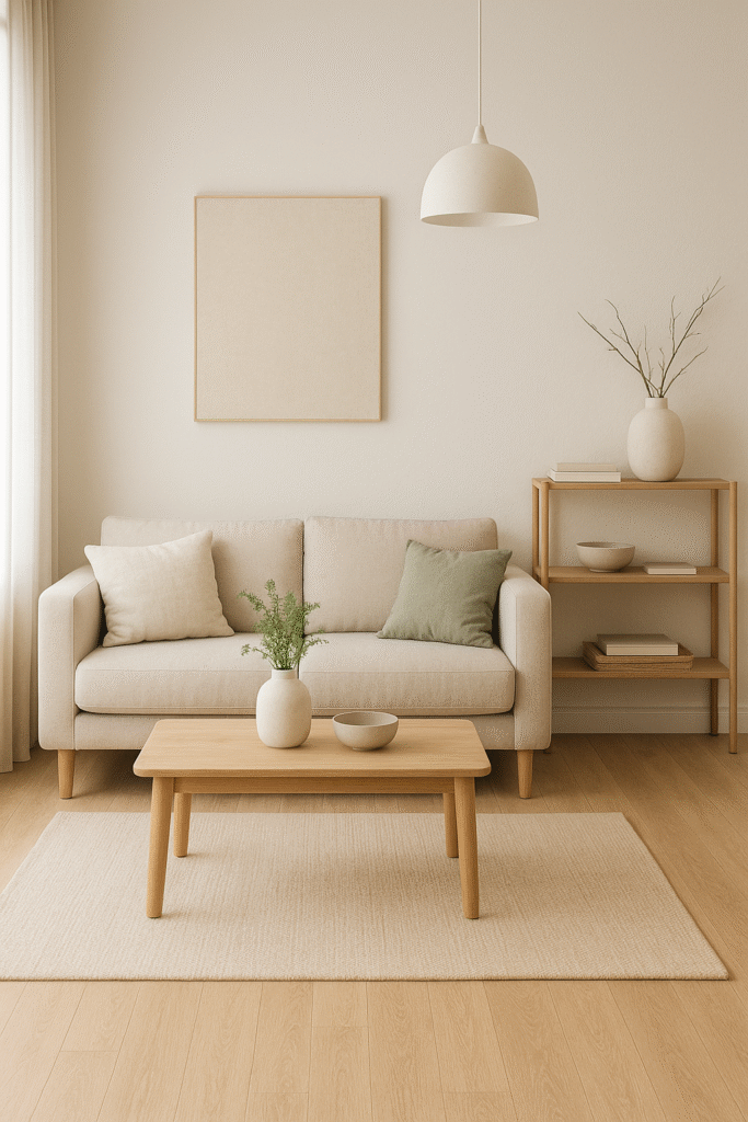 Sala com sofá bege claro, mesa de centro em madeira, estante branca com objetos discretos e tapete claro em estilo escandinavo.