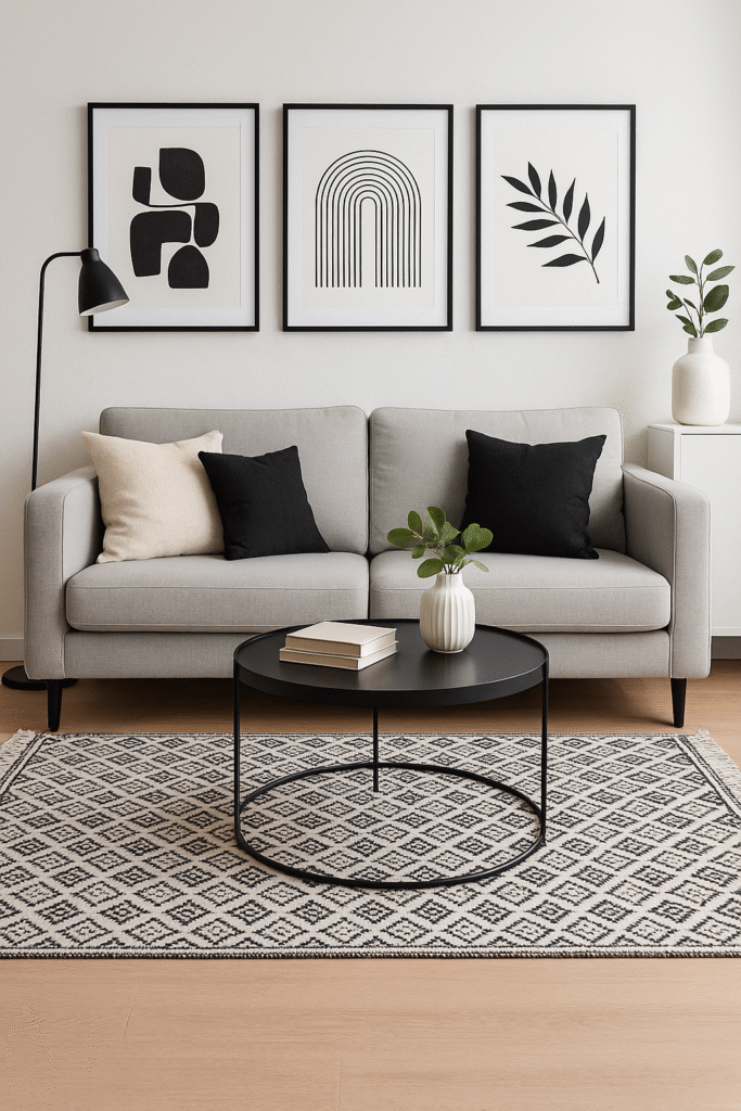 Sala de estar com sofá cinza escuro, paredes brancas, quadro preto e branco abstrato, luminária de pé preta e planta em vaso cilíndrico.
