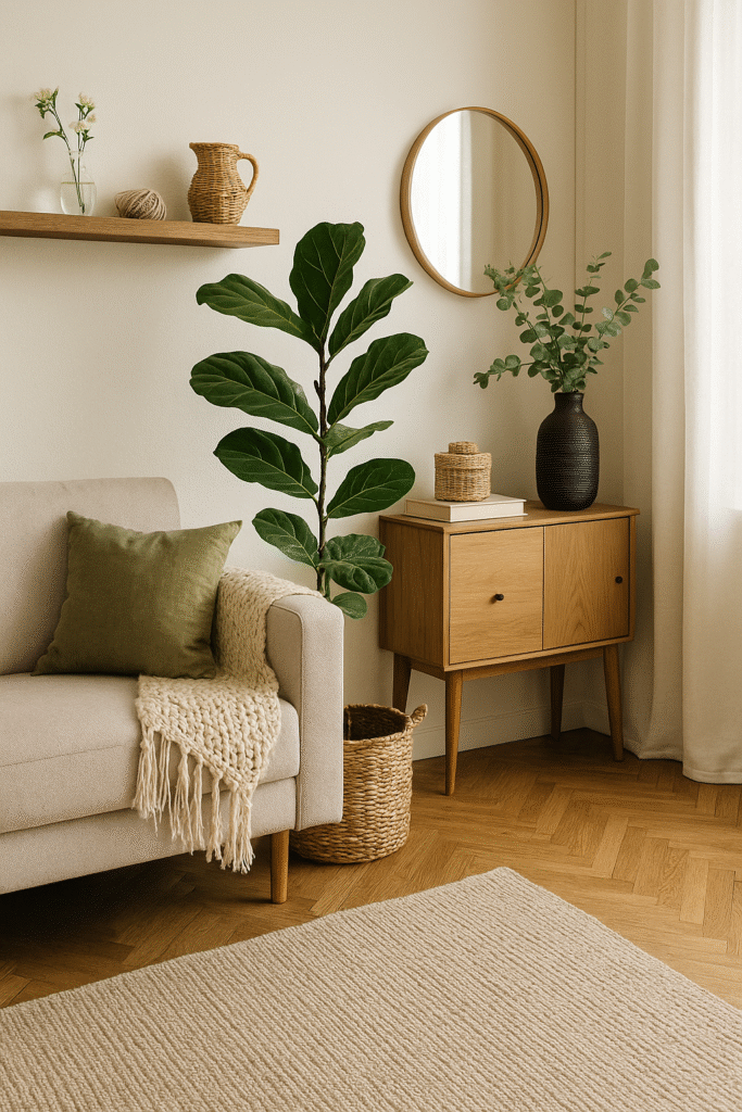 Sala com decoração sustentável incluindo sofá em linho natural, mesa de centro reaproveitada em madeira rústica e plantas em vasos de cerâmica reciclada.