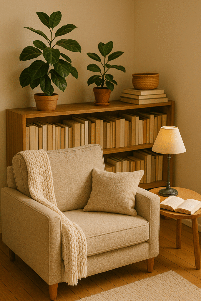 Espaço de leitura com poltrona confortável, estante de madeira cheia de livros organizados e plantas decorativas ao fundo