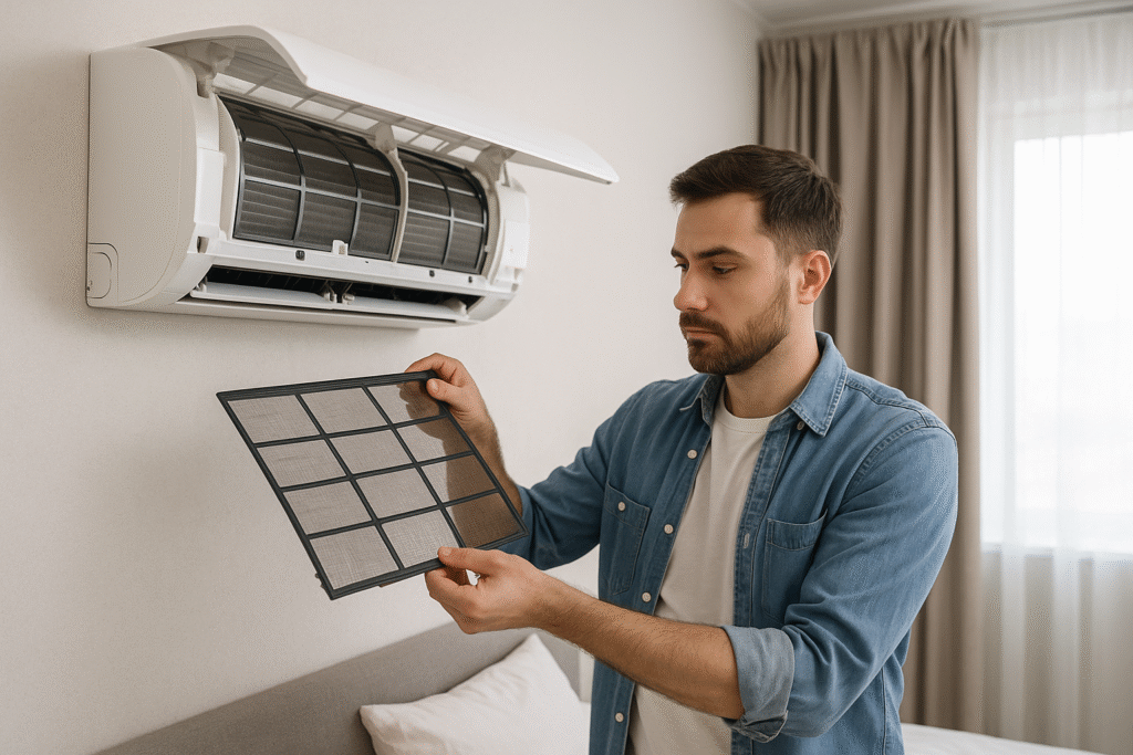 Homem removendo o filtro do ar-condicionado split de parede para manutenção preventiva em ambiente residencial