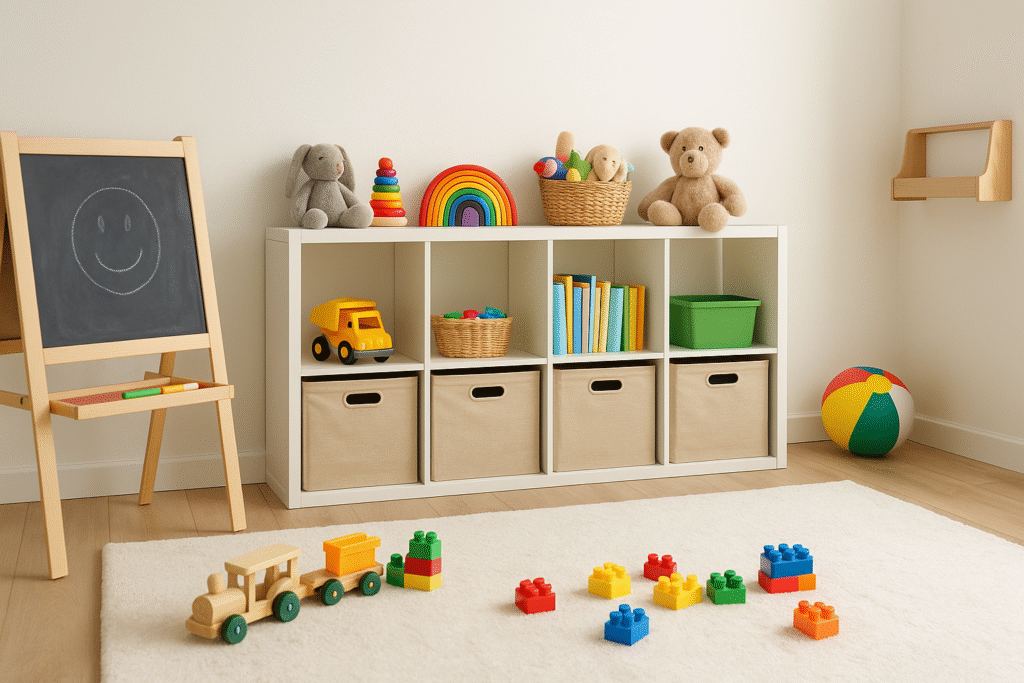 Sala infantil iluminada com unidade de armazenamento branca, cestos de tecido, brinquedos coloridos organizados e um cavalete de madeira com lousa ao lado de um tapete claro com blocos no chão.