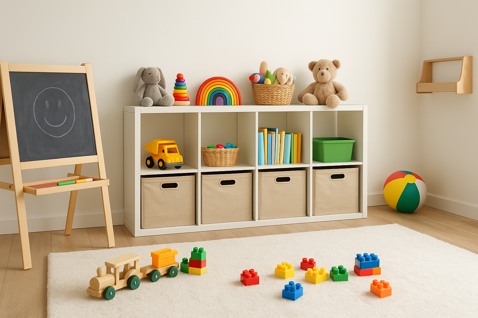 Sala infantil iluminada com unidade de armazenamento branca, cestos de tecido, brinquedos coloridos organizados e um cavalete de madeira com lousa ao lado de um tapete claro com blocos no chão.