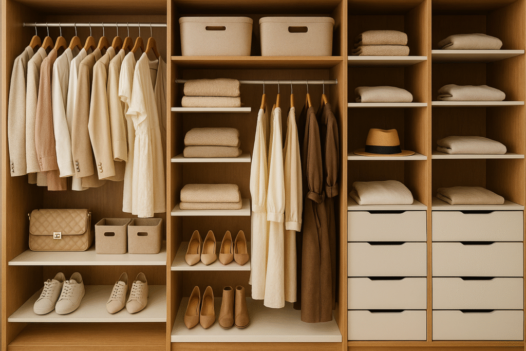 Guarda-roupa moderno com três colunas de compartimentos, roupas penduradas em tons claros e terrosos, sapatos e acessórios organizados em prateleiras, caixas de tecido e chapéu sobre as prateleiras, em ambiente iluminado e elegante.