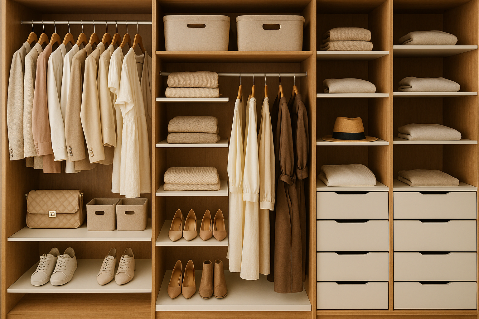 Guarda-roupa moderno com três colunas de compartimentos, roupas penduradas em tons claros e terrosos, sapatos e acessórios organizados em prateleiras, caixas de tecido e chapéu sobre as prateleiras, em ambiente iluminado e elegante.