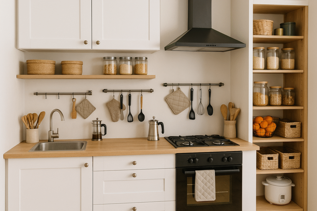Cozinha bem aproveitada com armários brancos, prateleiras de madeira, utensílios pendurados em barras metálicas, potes organizadores e cooktop com coifa preta, em ambiente compacto e funcional.