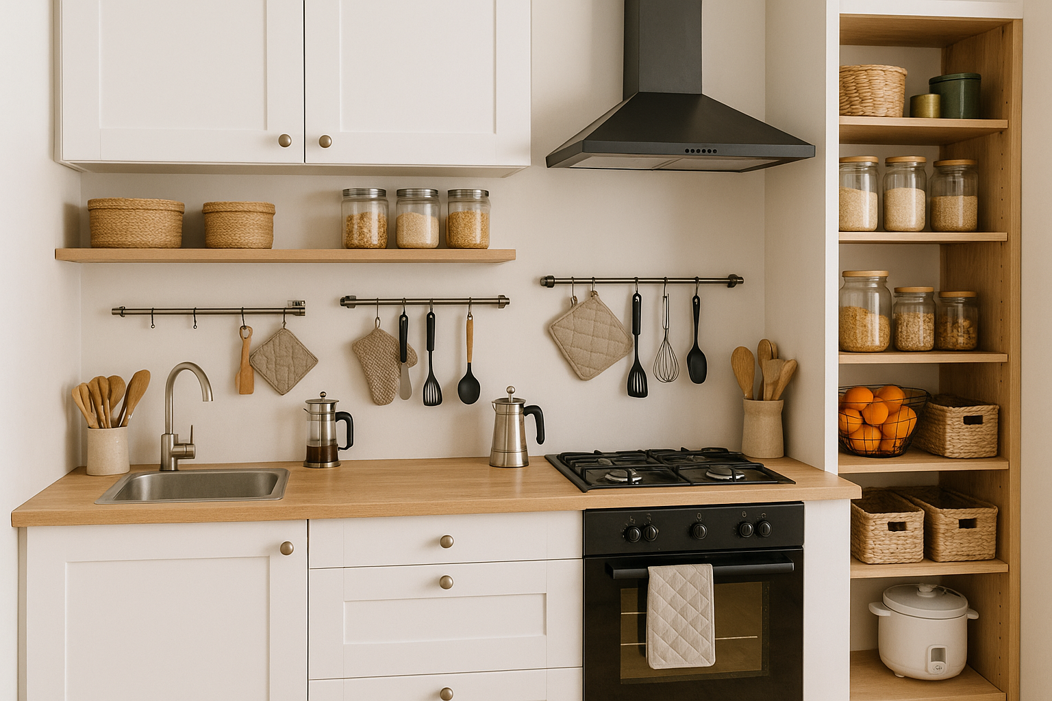 Cozinha bem aproveitada com armários brancos, prateleiras de madeira, utensílios pendurados em barras metálicas, potes organizadores e cooktop com coifa preta, em ambiente compacto e funcional.