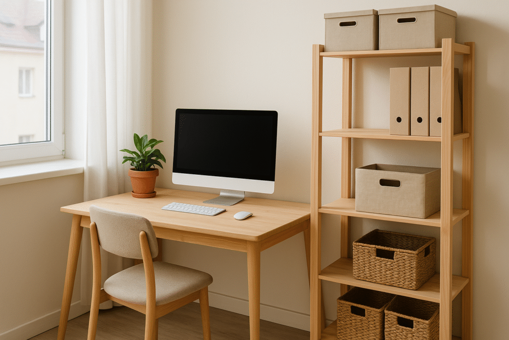 Home office compacto com mesa de madeira clara, cadeira estofada, computador sobre a bancada, planta ao lado da janela e estante organizada com caixas e pastas em tons neutros, em ambiente iluminado naturalmente.
