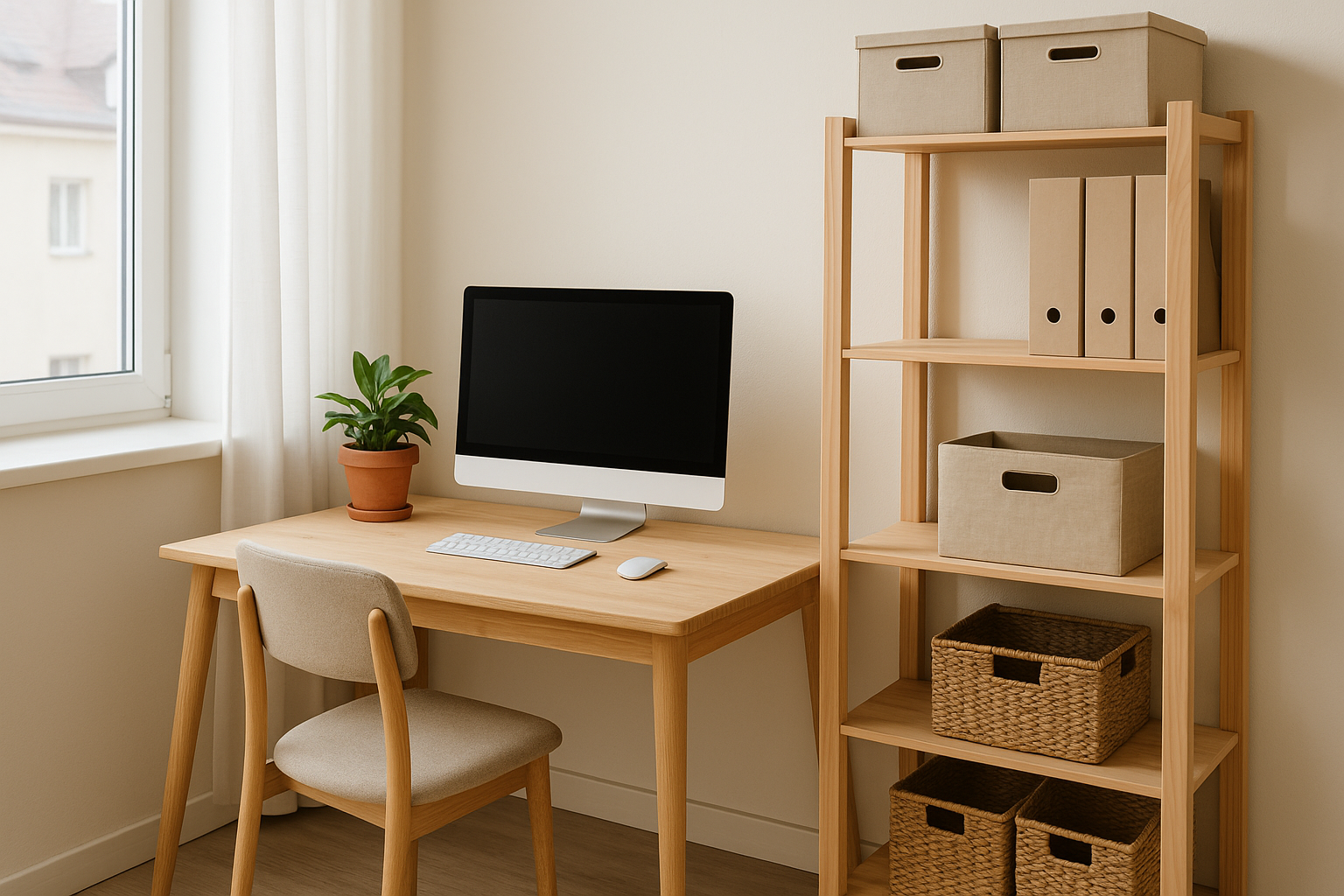 Home office compacto com mesa de madeira clara, cadeira estofada, computador sobre a bancada, planta ao lado da janela e estante organizada com caixas e pastas em tons neutros, em ambiente iluminado naturalmente.