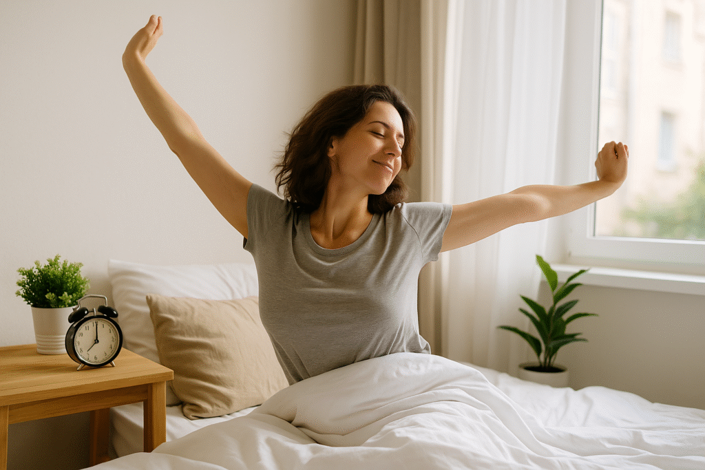 Mulher sorridente se espreguiçando ao acordar em um quarto iluminado com luz natural, cama arrumada com lençol branco, mesa de cabeceira com relógio analógico e planta decorativa, criando um ambiente calmo e acolhedor.