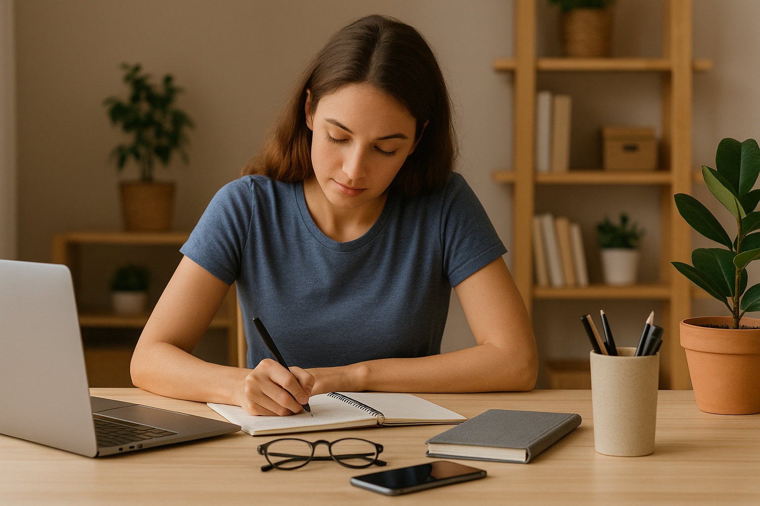 Mulher escrevendo em um caderno em sua mesa de trabalho com laptop, caneca, planta, óculos e prateleira ao fundo, em ambiente iluminado naturalmente, transmitindo foco e organização.