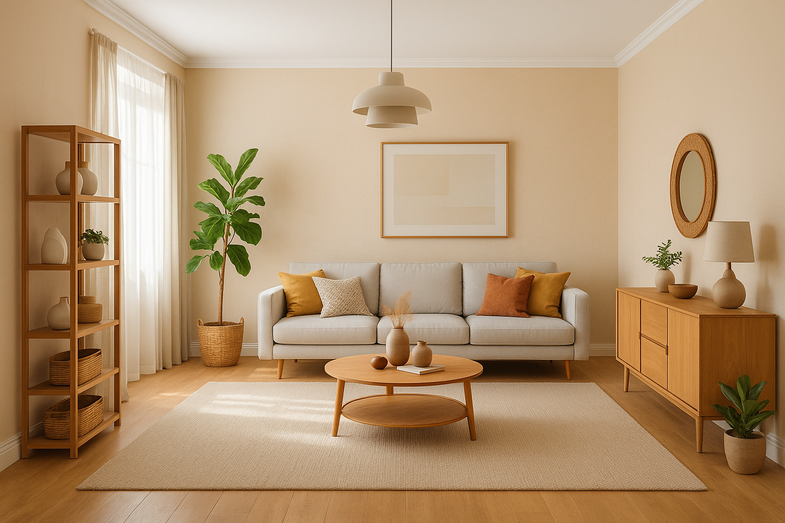 Sala integrada com sofá cinza, estante branca, plantas e mesa de jantar ao fundo, decoração minimalista com toque moderno e iluminação suave.