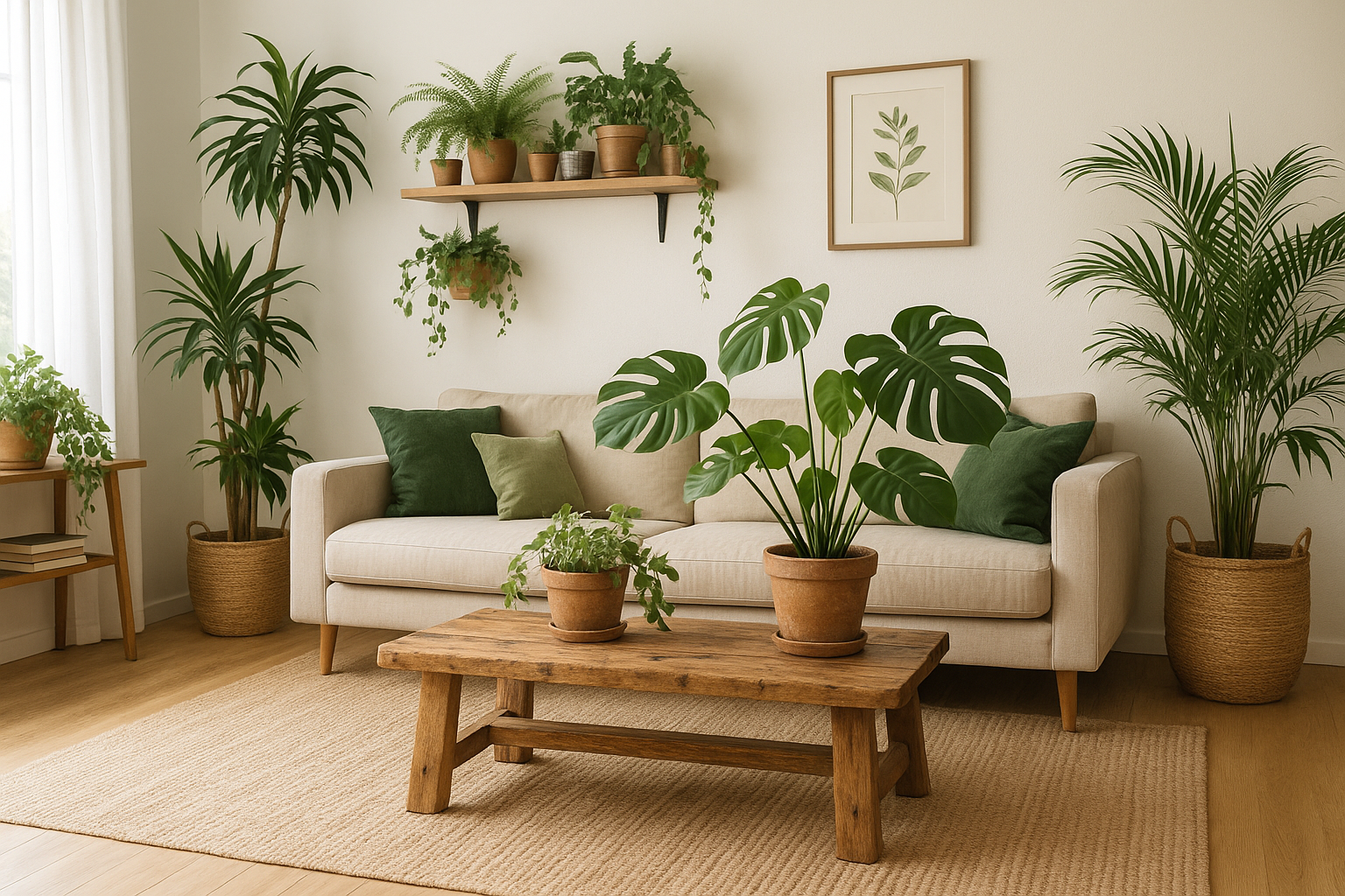 Sala iluminada naturalmente com sofá bege, almofadas verdes, mesa de centro de madeira rústica e muitas plantas em vasos de barro e vime, criando uma atmosfera tropical e sustentável.