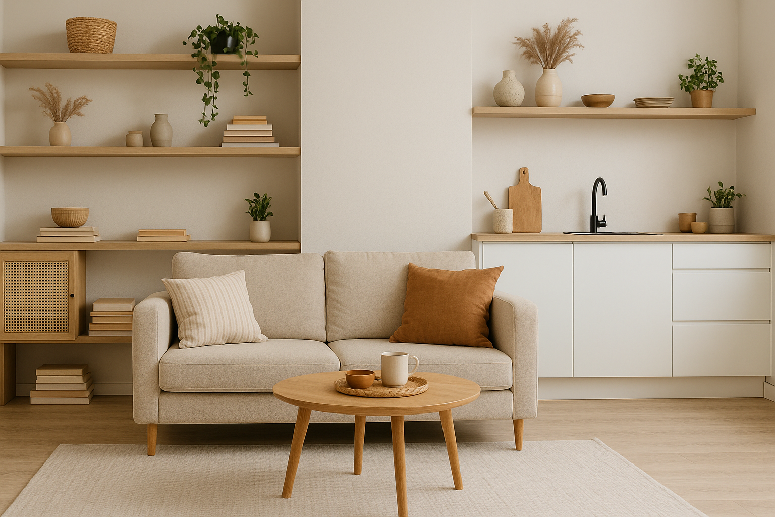 Sala de estar integrada com cozinha minimalista, sofá bege com almofadas, prateleiras organizadas e decoração funcional em tons neutros
