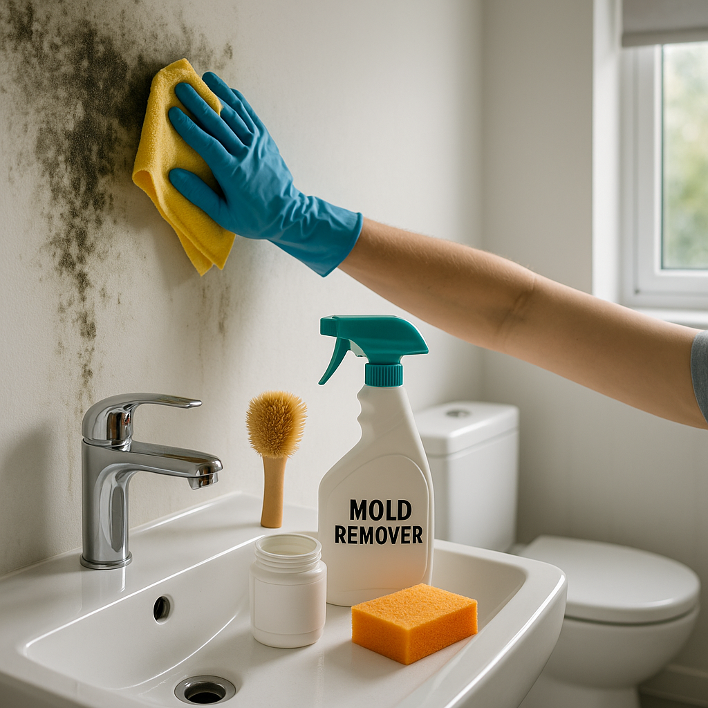 Pessoa limpando mofo na parede do banheiro com pano amarelo e luva azul, ao lado de produtos removedores sobre pia branca